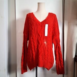 Wild Fable Red V-neck Cable Knit Distressed Sweater Womens Size XL New With Tags